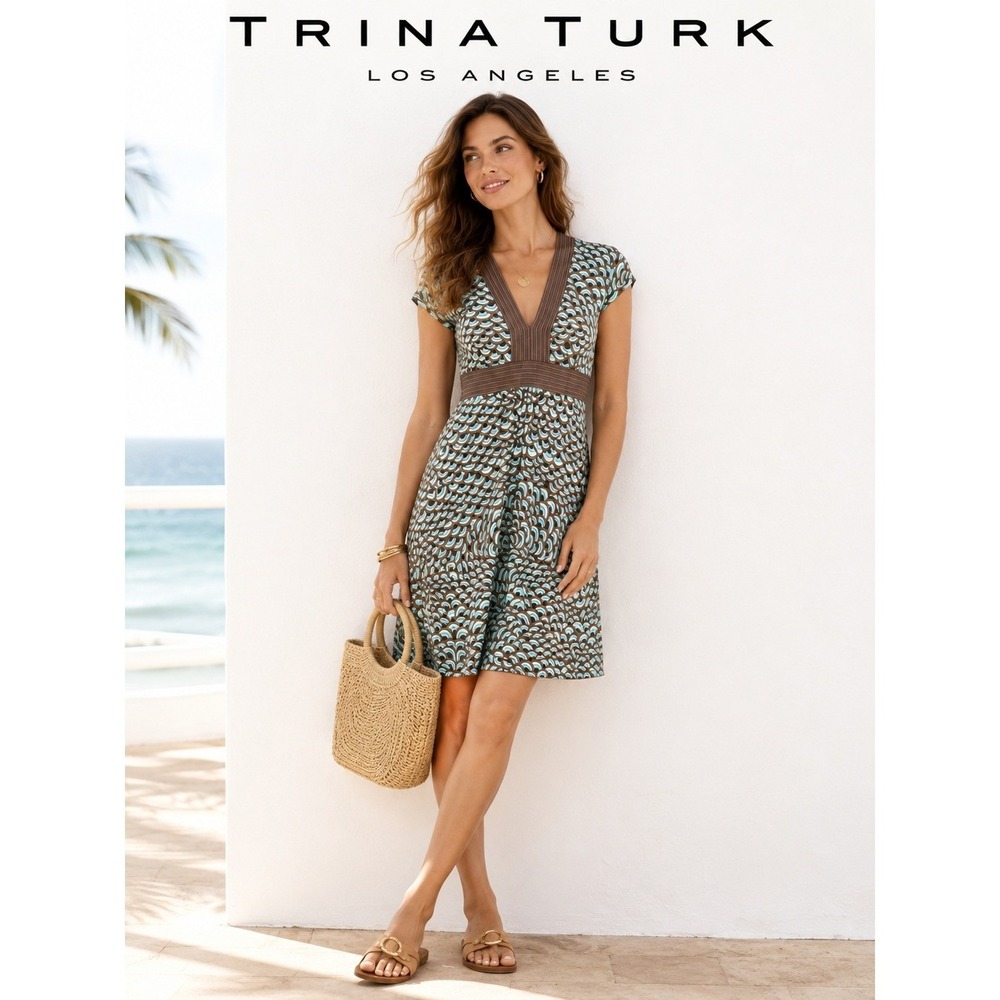 Trina Turk Geometric Print Empire Waist Dress Size 2 Retro Mod Palm Springs